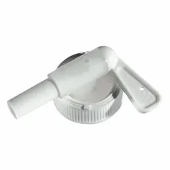White polypropylene screw-on cap with a 38-400 mm closure size and integrated spigot. Designed for 22 mm diameter cubitainers, providing a secure seal for dispensing liquids in industrial settings.
