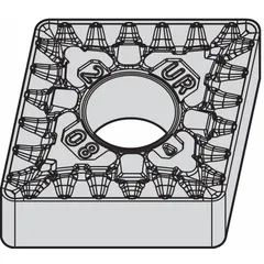 This diamond indexable turning insert is designed for machining non-ferrous materials, composites, and abrasive workpieces. It is available in two size designations: CNMG643UR and CNMG190612UR. The insert is used for turning, facing, and profiling operations.