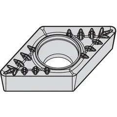 This diamond indexable turning insert is used for precision machining of non-ferrous materials, composites, and abrasive alloys. It is suitable for turning, facing, and boring operations requiring fine surface finishes and tight tolerances.
