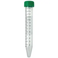 APPROVED VENDOR 15 mL Polypropylene Centrifuge Tube, Conical Bottom, Green HDPE Closure, Graduated, Natural