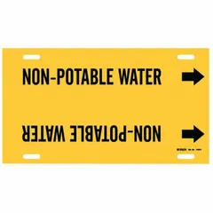 Yellow strap-on pipe marker with black legend reading 'Non-Potable Water' and directional arrows. Fits pipe outer diameters from 6 to 7-7/8 inches. Used to identify non-potable water lines in industrial piping systems, helping to prevent cross-connection with potable water supplies.