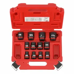 This 12-piece SAE impact socket set features a 1/2 in drive size and includes sockets ranging from 3/8 in to 1-1/16 in. Designed for use with impact wrenches, it is suited for heavy-duty fastening and loosening tasks in automotive, construction, and industrial maintenance. The friction ring retention system helps secure fasteners during operation.