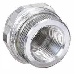 Straight union for joining two conduit ends in a straight line. Features female-to-female 1/2 in FNPT connections on both ends. Body is made of plain aluminum. Used in electrical conduit systems to extend or repair conduit runs.