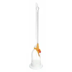 Class B glass buret with 10 mL capacity and 10 mL increments. Total length 523 mm. Includes polyethylene closure. Used for liquid measurement and dispensing in titration and analytical chemistry procedures.