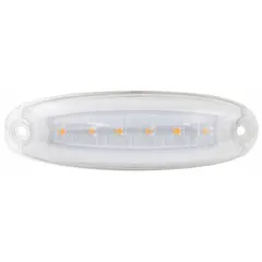 LED oval clearance light with clear lens and SAE P3 rating. Surface mount with hole mounting type; electrical connection via blunt cut wires. Used on trailers, trucks, and heavy equipment to mark vehicle width and height.