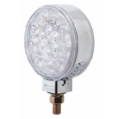 Red LED stop light with a round lens and pedestal mount. Overall diameter 4 5/16 in, depth 2 in. Permanent installation with blunt cut wires. Meets SAE standards. Used on trucks, trailers, and heavy equipment for brake signaling.