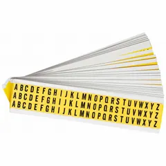 Die-cut Gothic letters A to Z, black characters on a yellow background, 3/8 in character height. For indoor, non-reflective use. Not self-spacing or aligning. Suitable for custom labeling and signage applications.