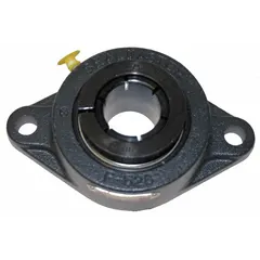Two-bolt flange-mount ball bearing with a 2-inch cylindrical bore and 2 5/16-inch width. Cast iron housing with concentric collar locking mechanism. Lubricated with NLGI #2 equivalent grease. Mounting bolt size is 9/16 inch. Suitable for supporting rotating shafts in industrial machinery such as conveyors, fans, and material handling equipment.