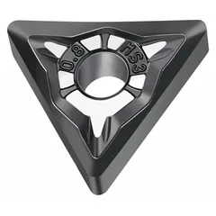 Triangle (T) indexable turning insert with negative rake geometry and chipbreaker design for medium machining. Suitable for general turning, facing, and profiling operations on steel, stainless steel, and cast iron workpieces. Available in inch (TNMG332-MS3) and metric (TNMG160408-MS3) specifications.