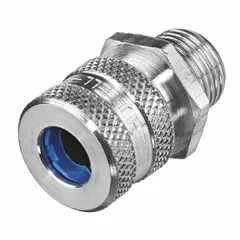 Straight metallic cable grip with 3/8 in MNPT box connection, aluminum body in silver finish, and blue color-coded grommet. Accommodates cord diameters from 0.38 in to 0.44 in. Rated IP66 and Class I, Division 2 for hazardous locations. Used to secure and seal cord or liquid-tight flexible conduit at enclosures in industrial environments.