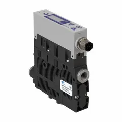 Compact vacuum generator with 1/8 in G female ports, 6 bar max supply pressure, and 1 NC valve function. Includes PNP/NPN/IO-Link connectivity and 5-pole M12 male electrical connection. Used for automated material handling, pick-and-place, and packaging applications.