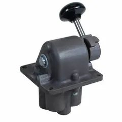 Three-way, two-position poppet valve with aluminum body and detent lever operator. Port size 1/4 in. Used in pneumatic control systems for directing or blocking compressed air flow in applications such as machine actuation or cylinder operation.
