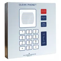 Surface-mount VoIP speakerphone with chemical-resistant stainless steel enclosure. Designed for indoor use in healthcare facilities and clean rooms where resistance to cleaning agents is required. Features 10/100 Base-TX Ethernet network interface and speakerphone capability. Color: Gray