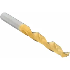 General purpose solid carbide jobber-length drill bit with TiN coating for reduced friction and heat. Features a 118° 4-facet point for precise centering and chip evacuation. Suitable for drilling in hard materials such as steel and stainless steel in production machining and maintenance applications.