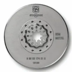 This FEIN Starlock mounted blade is designed for long cutting applications in wood. The bi-metal construction provides durability for plunge cuts and flush cutting in trim work, door jambs, and flooring installations. Overall length is 3 3/8 in.