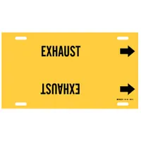 Yellow pipe marker with black 'Exhaust' legend and directional arrows. Fits pipe outer diameters from 10 to 15 inches. Supplied as a single strap-on marker for identifying exhaust piping in industrial facilities