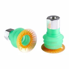 This multi-bellows vacuum pad assembly is designed for handling food-grade products in automated pick-and-place applications. It features 3.5 folds, a G1/4 in vacuum port, and a 54.5 mm pad diameter. The assembly provides gentle yet secure gripping of irregular or delicate items, suitable for packaging and food processing lines.