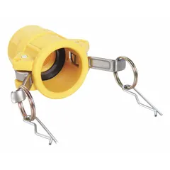This Type D cam and groove coupling is made of nylon for corrosion resistance. It has a 2 in coupling size with a 2 in -11-1/2 FNPT thread and a nitrile gasket. Used for quick-connect hose connections in fluid transfer applications.