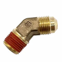 Brass 45-degree flare tube fitting elbow with flared/threaded connections. Connects 3/8 in OD tubing to 3/8 in pipe thread. Designed to SAE J513 standards for leak-resistant joints in hydraulic, pneumatic, and lubrication systems.