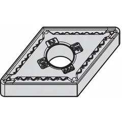 This diamond indexable turning insert is designed for precision machining of non-ferrous materials, composites, and abrasive plastics. It is available in two geometries: DNMG441UF and DNMG150604UF. The insert is used in turning, facing, and boring operations to achieve superior surface finish and tool life.