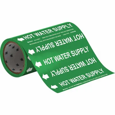 BRADY Pipe Marker: Hot Water Supply, Green, White, Fits 2 in and Smaller Pipe O.D. - Hot Water Supply Adhesive Pipe Markers