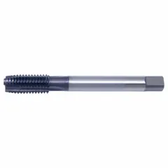 General purpose spiral-point tap for through-hole threading. M10x1.25 metric size with 6H tolerance, plug chamfer, and TiAlN coated cobalt construction. Three-flute design pushes chips forward for efficient chip evacuation in production threading applications.