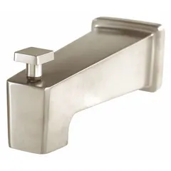 This bathtub spout features a pull-up diverter to redirect water flow to a showerhead. It has a slip-fit connection, a 5 3/4 in spout reach, and a brushed nickel finish. Constructed of metal, it is suitable for residential and commercial plumbing systems.