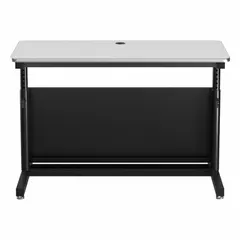 This manual adjustable-height desk features a white wood desktop and a black laminate frame. Overall dimensions are 48 inches wide by 24 inches deep, with a maximum desktop height of 36 inches. Suitable for sit-stand workstations in offices and home offices.