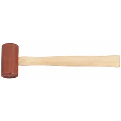 Round natural rawhide mallet with a wood handle. Head weight 12 oz, diameter 2 in, head length 3 7/8 in, overall length 14 in. Used for striking surfaces requiring a non-marring soft blow, such as assembling machinery, seating bearings, or forming sheet metal.