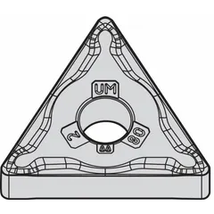 Triangle (T) indexable turning insert for general turning, facing, and profiling operations. Suitable for machining steel, stainless steel, and cast iron workpieces. Designations: TNMG331UM and TNMG160404UM.