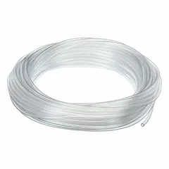 Clear PVC tubing with 5/32 in inside diameter, 1/4 in outside diameter, and 100 ft length. Shore A 70 hardness provides flexibility for drain lines, fluid transfer, and low-pressure pneumatic systems where visual flow monitoring is required.