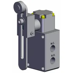 Roller-actuated manual air control valve from the VM800 Series with 3 ports and 1/8 in NPT connections. Rated for a maximum operating pressure of 1 MPa. Suitable for pneumatic control systems requiring manual or mechanical actuation, such as in industrial automation and material handling.
