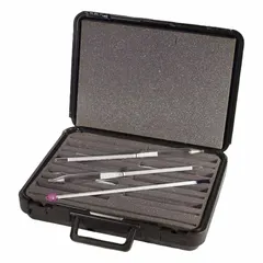 Set of 8 glass hydrometers for measuring specific gravity of liquids in the range 0.800 to 0.910. Scale divisions are 0.001 for three hydrometers and 0.002 for the remaining five. Includes a thermometer for temperature compensation. Suitable for laboratory and industrial density or concentration measurements.