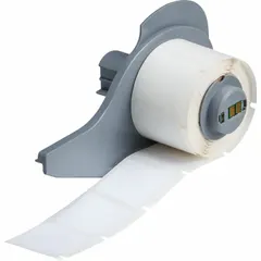 White gloss polyester precut label roll measuring 1 in x 1 in, with 250 labels per roll. Compatible with the Brady M710 printer series. Used for industrial identification, labeling, and compliance marking on equipment, panels, and cables.