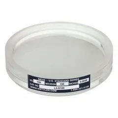 Ultrasonic test sieve with #100 US Standard Screen Size, 3 1/2 in outside diameter, and 5/8 in height. Stainless steel screen in an acrylic frame, compliant with ASTM E11. Used for particle size analysis in laboratory settings.