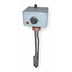 Electric heater for spa and hot tub water temperature maintenance. Delivers 1.5kW at 120V AC, 1-phase, with a unit-mounted thermostat. Requires minimum flow rate of 5 gpm. Inlet/bushing size is 1-1/4 in NPT.