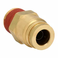 This brass adapter fitting connects 3/8 in OD tubing to a 1/4 in male NPT port. It features a push-to-connect design for quick installation and includes Vibra-Seal thread sealant pre-applied to the NPT end for vibration-resistant sealing. Suitable for pneumatic systems, air brake lines, and fluid power applications.