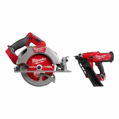 This two-tool kit includes the M18 18V cordless circular saw (2834-20) and nail gun (2745-20), both tool only without batteries or charger. The circular saw is suited for cutting lumber and sheet goods, while the nail gun is used for framing, decking, and trim work. Both tools operate on the M18 platform for job site portability.