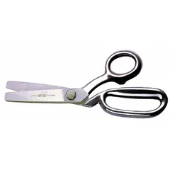 All-metal offset scissors with serrated, rounded steel blades in silver finish. Overall length 8 3/4 inches. Designed for right-hand use. Suitable for cutting aramid fiber and other tough materials in industrial settings such as electrical, HVAC, and textile work.