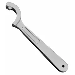 This hole type spanner wrench is designed for operating hole-type fittings on fire hydrants. It has an overall length of 7.5 inches and an aluminum handle. The wrench fits 3/4 inch and 1 inch fitting sizes.