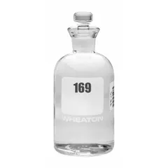 This 300 mL glass bottle is designed for biochemical oxygen demand (BOD) testing in water quality analysis. It features a narrow mouth with a robotic stopper closure and a colorless glass body. The bottle measures 165 mm in height and conforms to ASTM/USP standards. Typical applications include measuring oxygen consumption by microorganisms in wastewater and environmental samples.