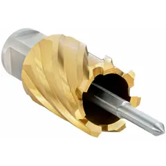This annular cutter is made of high-speed steel with a TiN coating for general cutting of metal. It has a 1 in cutter diameter and a 1 in maximum cutting depth, with a Weldon Flat shank for use in magnetic drill presses. Suitable for creating clean holes in structural steel and other ferrous materials.