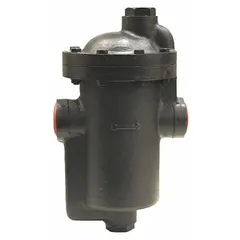 Cast iron inverted-bucket steam trap for horizontal in-line installation. Removes condensate from steam lines in heating and process systems. 1 1/4 in FNPT connections, maximum capacity 10,910 lb/hr at 125 psi and 450°F. Strainer not included.