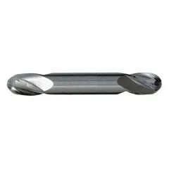 Double-end carbide ball end mill with 1/8" diameter, 3/8" length of cut, 3" overall length, and 4 flutes. Designed for contouring, slotting, and profiling in aluminum and non-ferrous materials. Ball nose geometry produces smooth curved surfaces; double-end construction provides two cutting edges per tool.