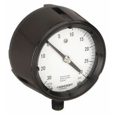 ASHCROFT Process Compound Gauge: 0 psi to 30 psi, White, 4 1/2 in Dial, 1/2 in NPT Male - Brass/Bronze Wetted Parts & Plastic Casing