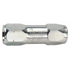 Steel-bodied check valve with SAE O-Ring Boss inlet and outlet connections. Allows flow in one direction and prevents backflow in hydraulic systems. Suitable for use in power units, presses, and mobile equipment.