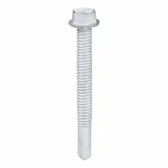 Metal-to-metal-joining self-drilling screw, #12 size, 2 in length, made of steel with Climaseal™ coating for corrosion resistance. Features an external hex head with 5/16 in drive size. Suitable for fastening metal sheets in applications such as HVAC ductwork, steel framing, and equipment assembly. Supplied in a 250-piece pack.