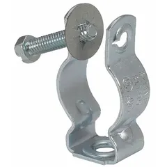 Steel screw-on conduit and cable hanger for 1/2 in trade size RMC. Zinc-plated gray finish. Attaches to strut channels for supporting conduit runs in electrical installations.