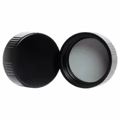 Black phenolic screw cap with rubber liner, 28-400 mm thread size. Autoclavable and meets ASTM E982 standards. Used for sealing narrow-mouth laboratory bottles in media storage, sample handling, and autoclaving applications.