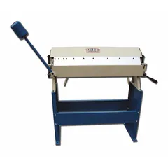 Manual box and pan brake with hand lever actuation and top edge finger design. Used for forming precise bends in sheet metal for boxes, pans, and custom enclosures in metalworking and light industrial applications.